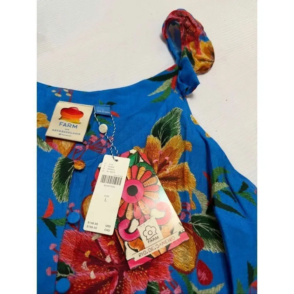 NWT Anthropologie Farm Rio Ruffled Blue Floral Blouse Tank Sleeveless Size Large